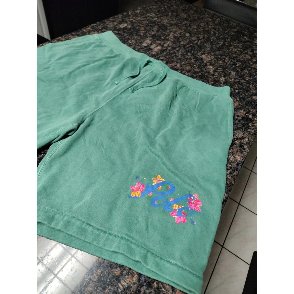 Polo Ralph Lauren Mens XXL Green Fleece Floral Graphic Sweat Shorts Drawstring